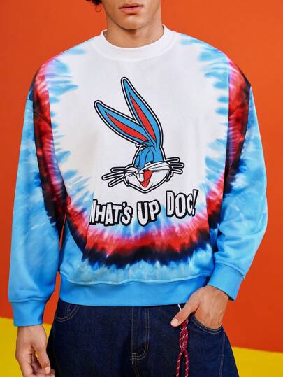 LOONEY TUNES X SHEIN Jersey holgado con estampado de dibujos animados y letras en tie-dye para hombre, informal, de caída de hombros, para primavera/otoño