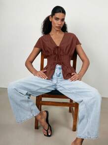 Maija Spring/Summer New V-Neck Front Tie Bow Waist Pleated Shoulder Puff Sleeve Women Shirt, Coffee Brown, Elegant For Carnival, Party, Valentine's Day - Burgundy - View 2