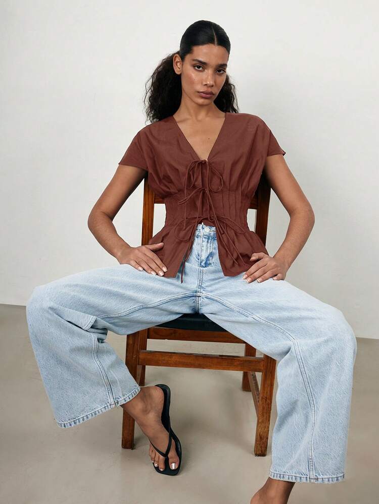 SHEIN Maija Spring/Summer New V-Neck Front Tie Bow Waist Pleated Shoulder Puff Sleeve Women Top, Coffee Brown, Elegant For Carnival, Party,St Patrick's Day Easter Party Top Holiday Beach Vacation Going Out Graduation