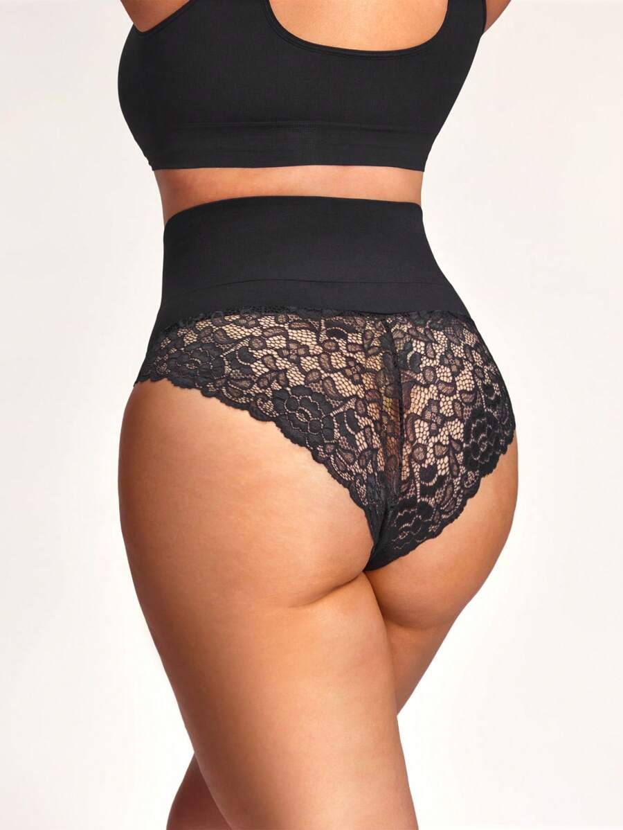 Plus Size Lace Trimmed Shapewear Bottoms - Black - View 1