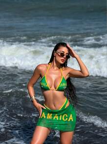 Swim Vcay 3 件套女士夏季沙滩泳衣套装 - 比基尼上衣、下装和裙子，黄绿色，定位牙买加字母印花，大标志，性感度假