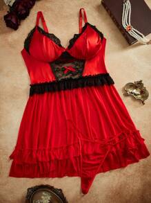 2 Stücke Große Größen Kontrast Farbe schlank geschnittenes, geschichtetes, gerüschtes Taftseide-Spitze-Patch-Plissee-Netz-Schleife Wimpernspitzen-Spitze Retro romantische Lingerie-Set - Verschiedenfarbig - Übersicht 6