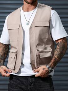 Manfinity Homme Men's Flip-Pocket Vest, Casual Street Outing Running Vest, For Fall - Brown - View 5