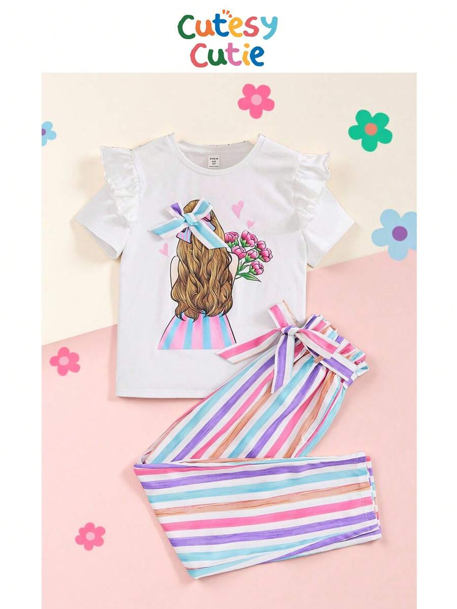 SHEIN Tween Girl Printed Round Neck T-Shirt With Striped Loose Fit Pants Two-Piece Set - Multicolor - View 1