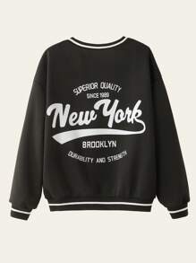 SHEIN Tween Boy New York Letter-Print Long-Sleeved Sweatshirt,Collegiate Style Crew Neck Sportswear,Black And White,Autumn,Streetwear,School,Back-To-School - Black - View 2