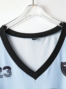 SHEIN MOOSTA Plus Size Fashion Casual Colorblock V-Neck Short Sleeve T-Shirt + Cargo Pants 2-Piece Set, Summer - Multicolor - View 6