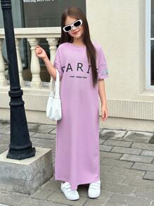 Váy suông rộng rãi in chữ màu tím nhạt cho bé gái tuổi mới lớn, thoải mái và đa năng cho mọi ngày và mọi dịp - Màu tím hoa cà - Xem 6