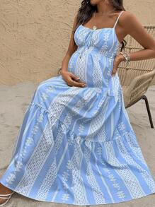 SHEIN 孕妇几何印花荷叶边下摆度假吊带连衣裙