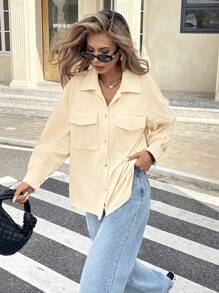 SHEIN Frenchy Abrigo con bolsillo con solapa y hombros caídos para otoño/invierno - Beis - Ver 4