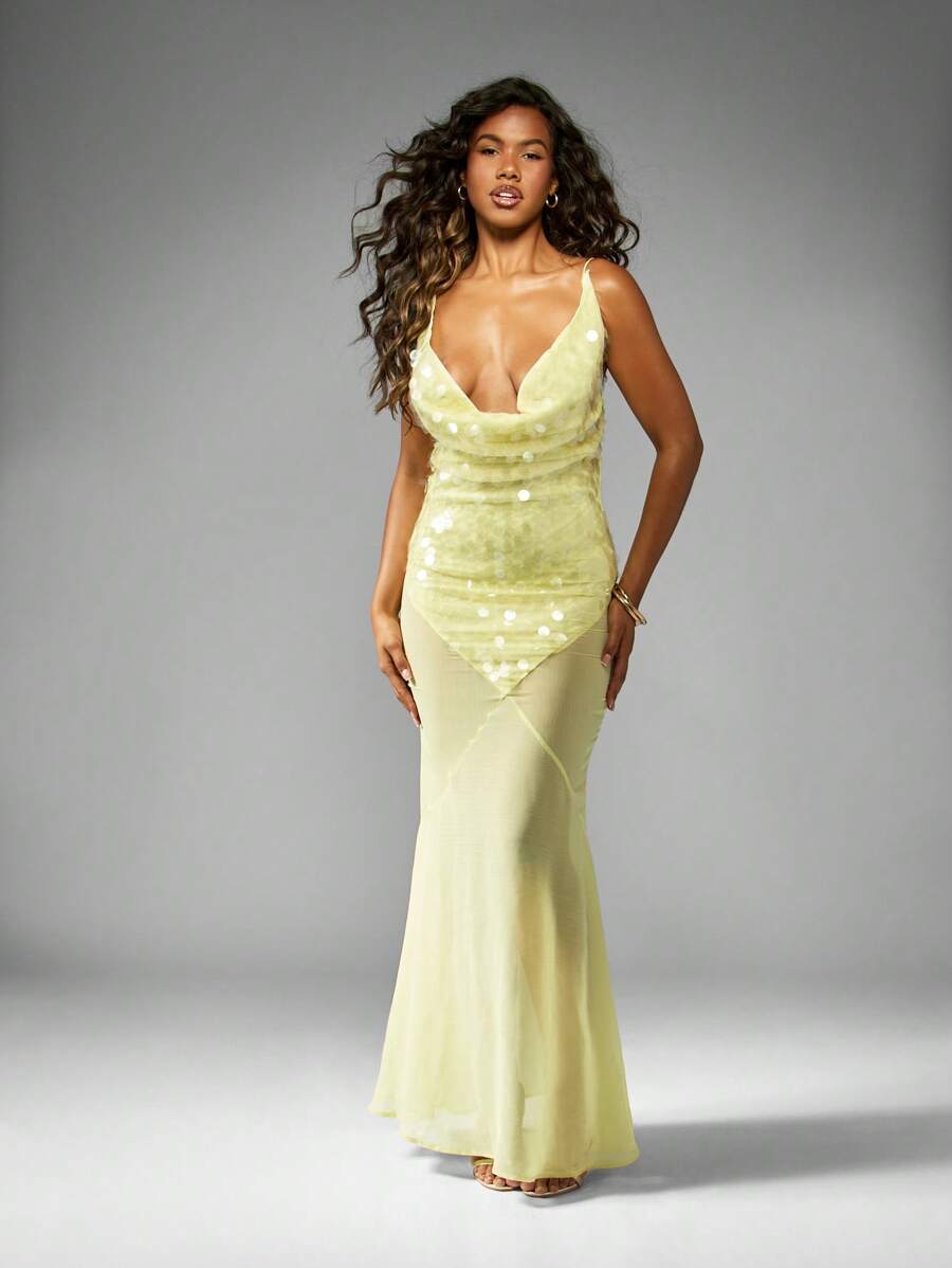 MISSGUIDED Sequin Chiffon Cowl Neck Maxi Dress Evening Gown Prom Formal Wedding Guest Floor Length Backless Side Split Mermaid,XL