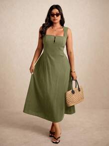 Elaquor 大码休闲纯色无袖连衣裙 - 軍綠色 - 查看 1
