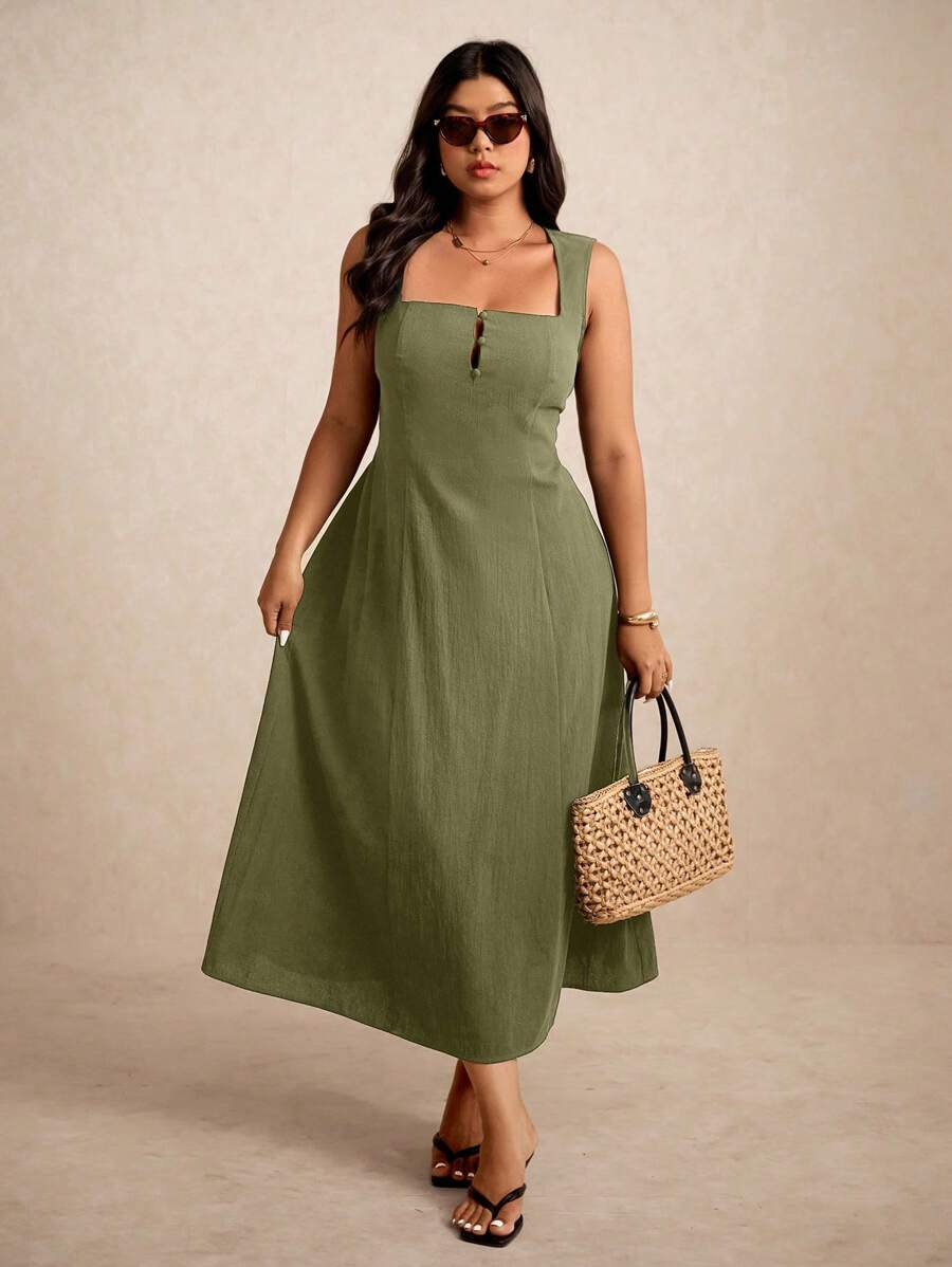 Elaquor 大码休闲纯色无袖连衣裙 - 軍綠色 - 查看 1
