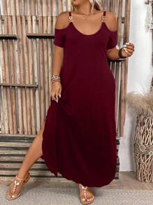EMERY ROSE 加大码露肩短袖斜口袋侧开衩长裙，夏季休闲简约长裙，黑色，夏季女装 - 酒紅色 - 查看 3