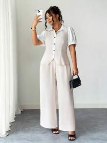 Elenzga Bộ quần áo công sở thanh lịch cỡ lớn, mùa hè - Màu Khaki - Xem 5