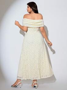 Modelyn 大码女式碎花蕾丝褶饰露肩优雅连衣裙