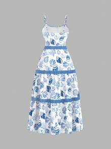 SHEIN MOD Vestido de talla grande con bloque de color, ribete de encaje y estampado de animales oceánicos - Azul y blanco - Ver 2