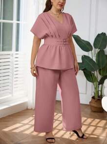 SHEIN Privé 大码女式春夏舒适休闲简约优雅办公室/通勤百搭竹纤维 V 领开衫和阔腿裤两件套 - 藕粉色 - 查看 7