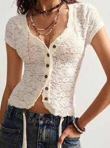 Bohemela 纯色针织蕾丝短袖V领修身女式上衣 - 杏色 - 查看 6