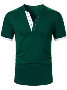 Manfinity Homme Camiseta casual de manga corta con botones y puños en contraste para hombre, verano - Verde - Ver 4