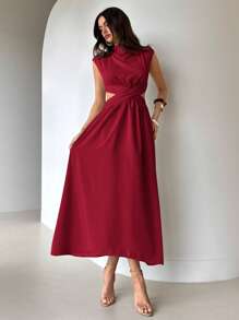 Aloruh 女士薄荷绿褶皱针织连衣裙，春夏 - 酒紅色 - 查看 7