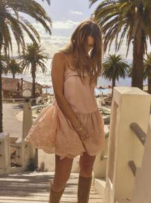 SHEIN Aralina-F Đầm dự tiệc Boho hở eo, thêu ren và vải dệt kim cho kỳ nghỉ đông - Bụi hồng - Xem 5