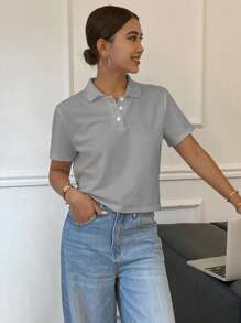 Livesso Women's Loose Casual Solid Color Polo Collar Short Sleeve T-Shirt Gray Tops Cropped Shirts Collared Shirt Gray Top Solid Color Tops Gray Cropped Polo Shirt Gray Collared Shirt Cropped Polo Top Solid Gray Top