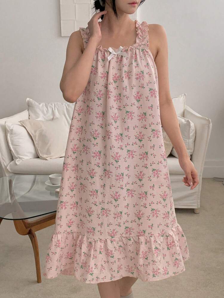 Sweet Floral Frill Trim Camisole Nightgown For Women Pajama, Moo Moo Night Dress