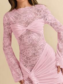 SHEIN BAE Váy Giáng sinh dài tay ren ren đỏ rượu gợi cảm, thích hợp cho câu lạc bộ, hẹn hò, đi chơi đêm, phù dâu cưới, tiệc trang trọng - Màu Hồng  San hô - Xem 8