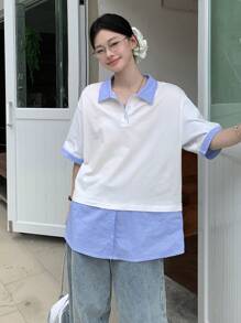 DAZY Women Regular Collar Striped Splice Short Sleeve Casual Korean Style T-Shirt