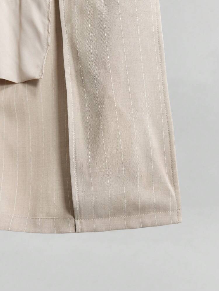 Women's Elegent Striped Fabric Short Dress,Brown Beige Notched Collar Sleeveless Waist Cinching Tie Belt,Office Autumn Business Casual Urban Wear