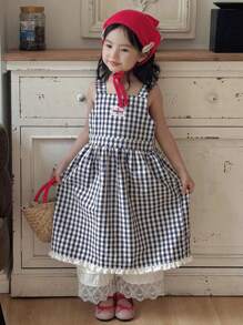 Dazy Kids 年轻女孩休闲格纹荷叶边下摆吊带背心连衣裙，夏季 - 藍色 - 查看 3