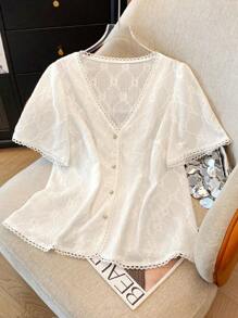 SHEIN LUNE 大码优雅提花针织蕾丝边休闲通勤夹克和裤子套装，适合白天、派对和夏季穿着 - 杏色 - 查看 3