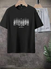 Manfinity Homme 男士休闲都市印花 T 恤和短裤套装，夏季 - 彩色 - 查看 2