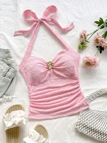 Soleia 女士度假露背 V 领花卉金属扣合身针织吊带背心，珊瑚粉，休闲，约会，下午茶，海滩，邮轮，城市度假，音乐节，派对，波西米亚风 - 粉色 - 查看 4