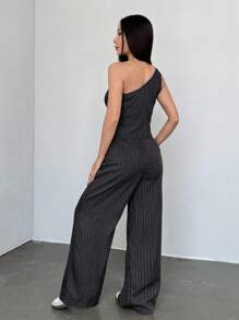 Flirla 2 件套女士休闲简约咖啡色条纹不对称肩上衣和裤子套装 - 深灰色 - 查看 2