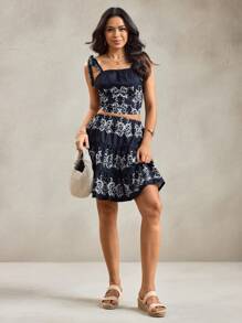 SHEIN LUNE 2pcs Women's American Western Rural Bohemian Print Set,Summer Boho Vacation Holiday Black And White Outfits 2 Pieces Sets Navy Blue Skirt Dress - Black and White - View 3
