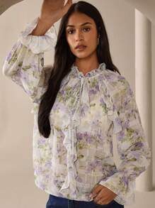 Lilora Blusa elegante de manga larga con volantes y estampado floral para vacaciones, de estilo urbano para salir - Camiseta divertida de mujer de manga larga y volantes, de estilo urbano, romántico y elegante, para salir - Púrpura malva - Ver 3