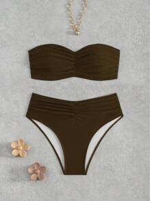 Swim Basics 2件套女士夏季海滩度假纯色褶皱露肩休闲比基尼套装泳装 - 卡其色 - 查看 5