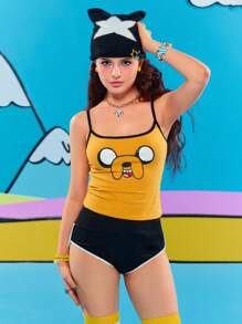 Adventure Time X ROMWE Y2K 风格可爱又奇特的卡通图案拼色修身吊带背心