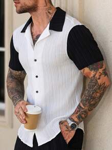 Manfinity Homme 男士拼色单排扣休闲短袖衬衫，夏季 - 白色 - 查看 3