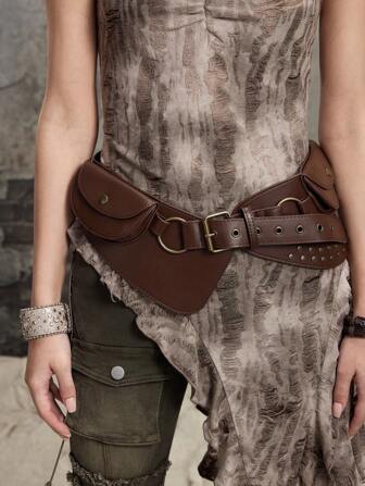Grunge Punk 1 pieza Cinturón ancho asimétrico de estilo punk con remaches dorados, cinturón con hebilla metálica minimalista de moda Y2K retro, accesorio decorativo personal