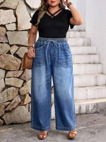 EMERY ROSE 大码休闲度假牛仔裤，夏季时尚 - 淺色水洗藍 - 查看 2