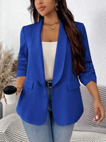 SHEIN LUNE Plus Size Women Solid Color Ruffled Collar Puff Sleeve Blazer Women Blazer Blue Blazer Women Blazers Women Blue Blazer Blue Jacket Women Royal Blue Blazer Women Blue Jacket,Fall Clothes For Women Autumn - Royal Blue - View 1