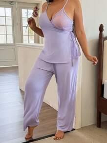 SHEIN Plus Size Knitted Jacquard Contrast Lace-Up Side Sleepwear Set - Purple - View 1