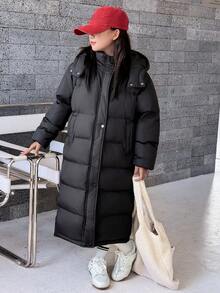 DAZY Tween Girls Hooded Casual Mid-Length Loose Straight Padded Coat Winter - Black - View 7