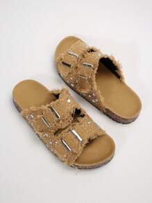 Solecia 女士圆头流苏水钻双扣平底休闲正装鞋，舒适日常、派对、通勤、时尚百搭 - 棕色 - 查看 2