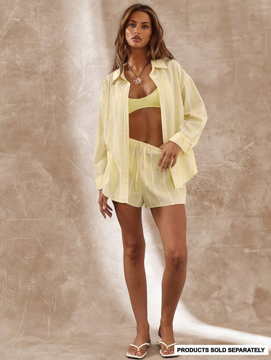 Musera Resort 宽松版型系腰细条纹沙滩短裤仅限波西米亚风伊比沙岛可爱性感度假夏季沙滩泳装遮盖热皮肤 - 彩色 - 查看 1