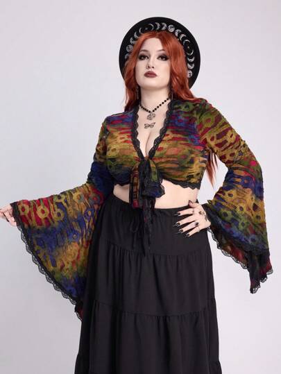 Goth Plus Size Vintage Jacquard Flared Sleeve Lace Trim Casual Cropped Women Top