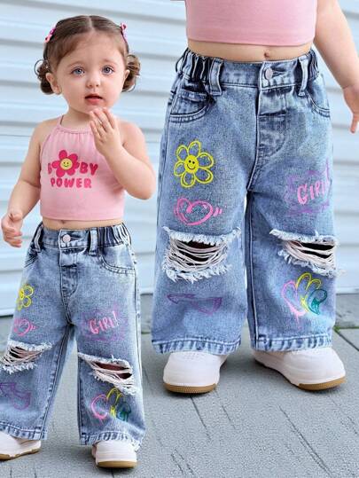 SHEIN Baby Girl Y2K Floral Smiling Face Print Loose Blue Ripped Jeans, Spring And Summer Casual Vacation