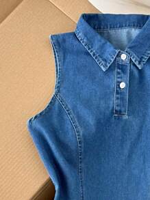 Comfortcana 女式夏季马球领无袖荷叶边下摆休闲牛仔连衣裙 - 中等水洗藍 - 查看 6